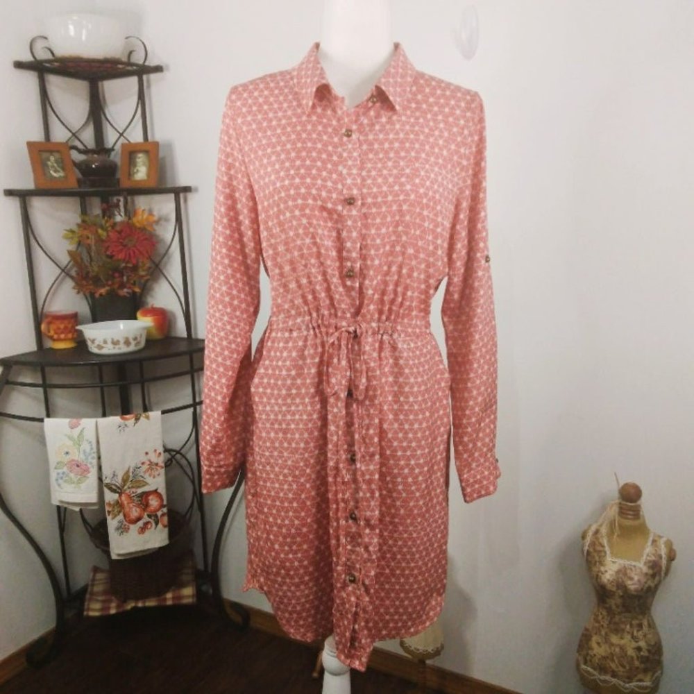 Maison Jules Women's Large Pink Long Sleeve Button-Up Blouson Dress
